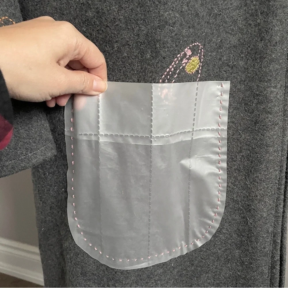 Handmade Gray Wool Elbow Cut-Out Embroidered Mid-Length Coat - 6/8, M, OOAK! - Picture 6 of 14